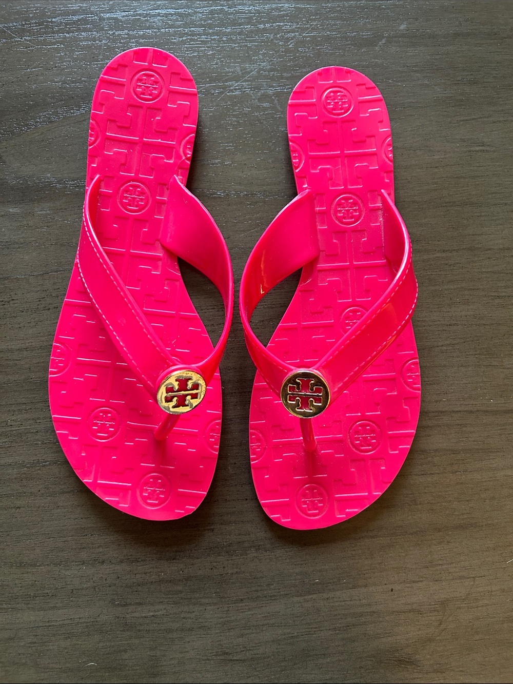 Tory Burch Neon Pink Logo Thong Sandals